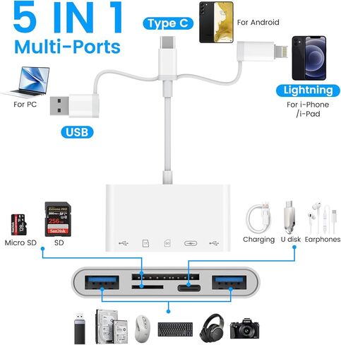 قارئ بطاقة ذاكرة 5 في 1، محول USB OTG وقارئ بطاقة SD لجهاز iPhone iPad، النوع C/Lightning/USB A مع 5 فتحات PD 60W/بطاقة USB مزدوجة/TF/SD، محول الكاميرا يدعم SD/Micro SD/SDHC/SDXC/MMC in Kuwait