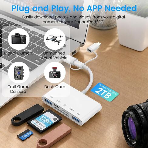 قارئ بطاقة ذاكرة 5 في 1، محول USB OTG وقارئ بطاقة SD لجهاز iPhone iPad، النوع C/Lightning/USB A مع 5 فتحات PD 60W/بطاقة USB مزدوجة/TF/SD، محول الكاميرا يدعم SD/Micro SD/SDHC/SDXC/MMC in Kuwait