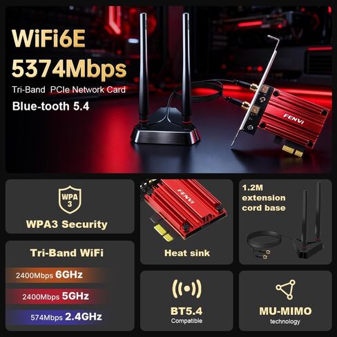 بطاقة FENVI WiFi 6E AX210 PCIe للكمبيوتر المكتبي، محول لاسلكي AX5400 ثلاثي الموجات 6G/5G/2.4 جيجا هرتز، WPA3، MU-MIMO، OFDMA، بلوتوث 5.4، 802.11ax شبكة Wi-Fi 6 تدعم Windows 10/11 64 بت، زمن استجابة منخفض، الألعاب in Kuwait