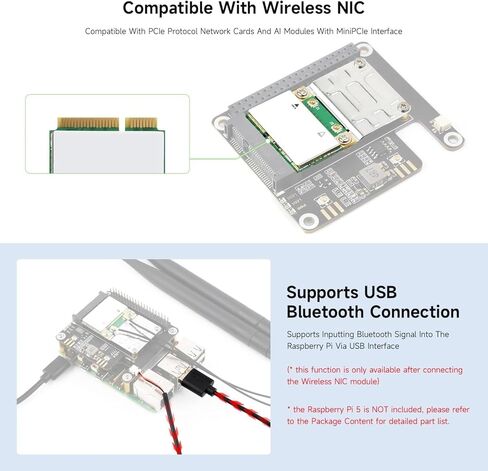 محول PCIe إلى MiniPCIe HAT+ لـ Raspberry Pi 5، يدعم MiniPCIe Wireless NIC، اتصال USB Bluetooth، بدون سائق، التوصيل والتشغيل، اتصال شبكة عالي السرعة @XYGStudy in Kuwait