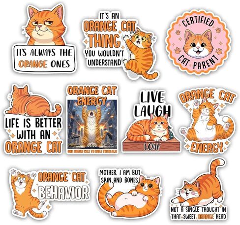 (10Pcs-3in) Funny Orange Cat Sticker Pack, Ginger Orange Tabby Kitten Gift for Cat Parent, Decoration for Foster Care Animal Home Laptop Tablet Water Bottle Planner Office Helmet Vehicles in Kuwait