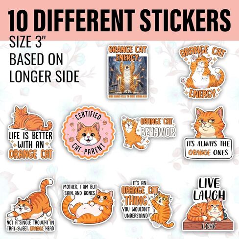 (10Pcs-3in) Funny Orange Cat Sticker Pack, Ginger Orange Tabby Kitten Gift for Cat Parent, Decoration for Foster Care Animal Home Laptop Tablet Water Bottle Planner Office Helmet Vehicles in Kuwait