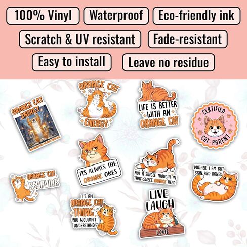 (10Pcs-3in) Funny Orange Cat Sticker Pack, Ginger Orange Tabby Kitten Gift for Cat Parent, Decoration for Foster Care Animal Home Laptop Tablet Water Bottle Planner Office Helmet Vehicles in Kuwait