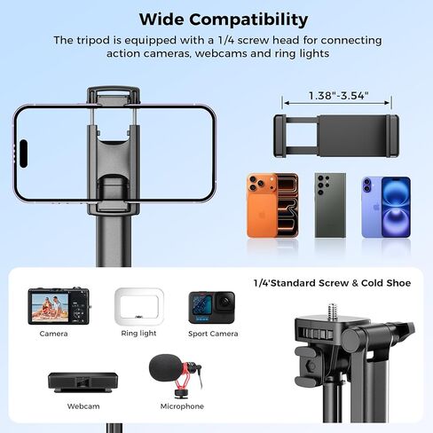 Tripod for iPhone with Rechargeable Light for Video Recording, Portable Phone Tripod for Camera and Phone, Selfie Stick with Light for Content Creators, Vlogging, Tiktok in Kuwait