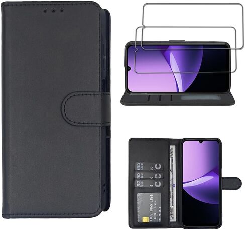 متوافق مع حافظة محفظة Xiaomi Redmi 15C 4G/5G/POCO C85 4G [عبوة من قطعتين] واقي شاشة من الزجاج المقوى، غطاء هاتف حامل لبطاقة الائتمان من الجلد (أسود، لـ Redmi 15C) in Kuwait