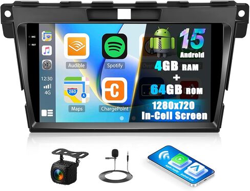 SIXTOP 4G+64G Android Car Stereo for Mazda CX-7 2008-2015 Wireless CarPlay Android Auto, 9 inch in-Cell 1280 * 720 Touchscreen, GPS,Bluetooth 5.0 Radio, FM/RDS, SWC, EQ AHD Rear Camera in Kuwait