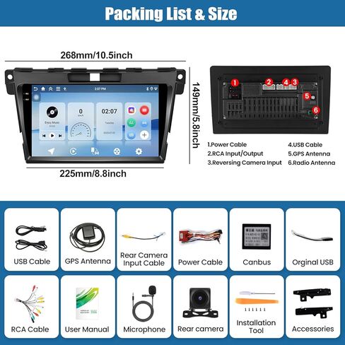 SIXTOP 4G+64G Android Car Stereo for Mazda CX-7 2008-2015 Wireless CarPlay Android Auto, 9 inch in-Cell 1280 * 720 Touchscreen, GPS,Bluetooth 5.0 Radio, FM/RDS, SWC, EQ AHD Rear Camera in Kuwait