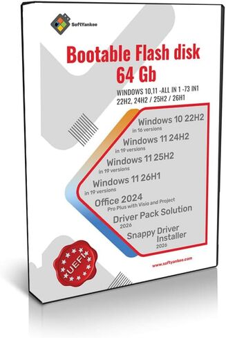 محرك أقراص فلاش USB قابل للتمهيد سعة 64 جيجابايت مع Win 10/11 22H2/24H2/25H2/26H1، 73In1، Office 2024، Driver Pack Solution 2026 in Kuwait