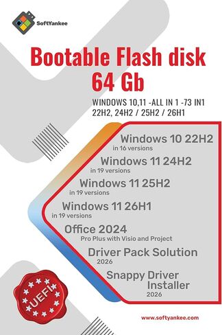 محرك أقراص فلاش USB قابل للتمهيد سعة 64 جيجابايت مع Win 10/11 22H2/24H2/25H2/26H1، 73In1، Office 2024، Driver Pack Solution 2026 in Kuwait