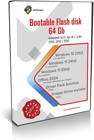 محرك أقراص فلاش USB قابل للتمهيد سعة 64 جيجابايت مع Win 10/11 22H2/24H2/25H2، 6In1، Office 2024، Driver Pack Solution 2026 in Kuwait