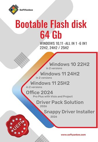 محرك أقراص فلاش USB قابل للتمهيد سعة 64 جيجابايت مع Win 10/11 22H2/24H2/25H2، 6In1، Office 2024، Driver Pack Solution 2026 in Kuwait