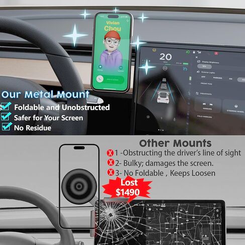 حامل هاتف Magsafe للسيارة، حامل هاتف مغناطيسي قوي لجميع سيارات Tesla، حامل هاتف سيارة من الألومنيوم قابل للتعديل 360 درجة، قابل للطي مخفي خلف الشاشة، يناسب iPhone 17-12 Pro Max Plus Air-Black in Kuwait