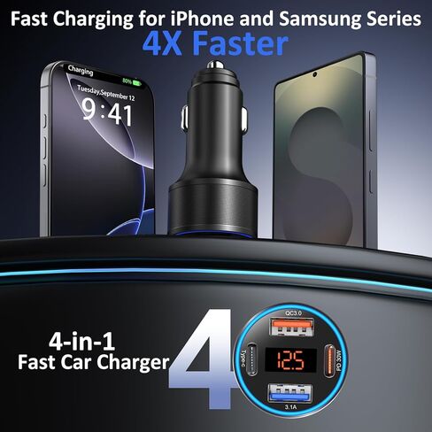 65W 4-Port Super Fast Car Charger Type C for Galaxy S26 S25 S24 S23 Ultra S22 A16 A17 A53 A54 PD/QC3.0 Android شاحن هاتف السيارة USB C ولاعة السجائر الجهد متر محول + 5FT نوع C ملفوف كابل in Kuwait