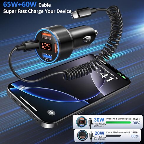 65W 4-Port Super Fast Car Charger Type C for Galaxy S26 S25 S24 S23 Ultra S22 A16 A17 A53 A54 PD/QC3.0 Android شاحن هاتف السيارة USB C ولاعة السجائر الجهد متر محول + 5FT نوع C ملفوف كابل in Kuwait