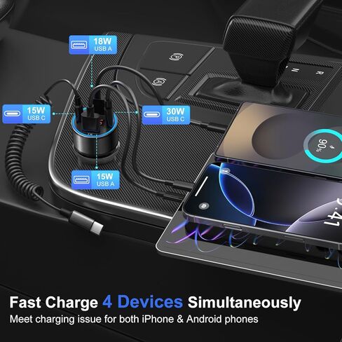 65W 4-Port Super Fast Car Charger Type C for Galaxy S26 S25 S24 S23 Ultra S22 A16 A17 A53 A54 PD/QC3.0 Android شاحن هاتف السيارة USB C ولاعة السجائر الجهد متر محول + 5FT نوع C ملفوف كابل in Kuwait