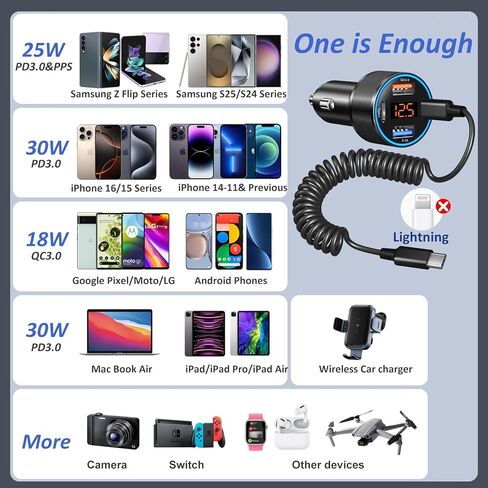 65W 4-Port Super Fast Car Charger Type C for Galaxy S26 S25 S24 S23 Ultra S22 A16 A17 A53 A54 PD/QC3.0 Android شاحن هاتف السيارة USB C ولاعة السجائر الجهد متر محول + 5FT نوع C ملفوف كابل in Kuwait