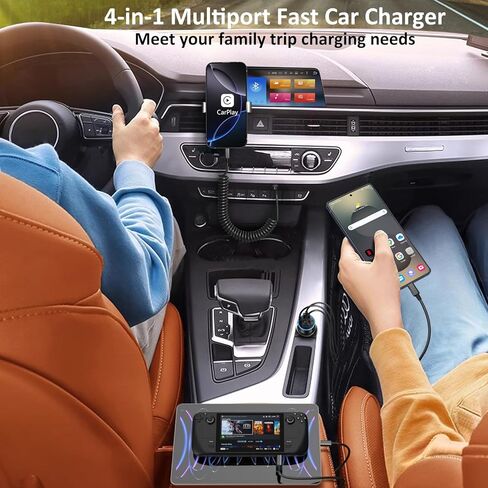 65W 4-Port Super Fast Car Charger Type C for Galaxy S26 S25 S24 S23 Ultra S22 A16 A17 A53 A54 PD/QC3.0 Android شاحن هاتف السيارة USB C ولاعة السجائر الجهد متر محول + 5FT نوع C ملفوف كابل in Kuwait