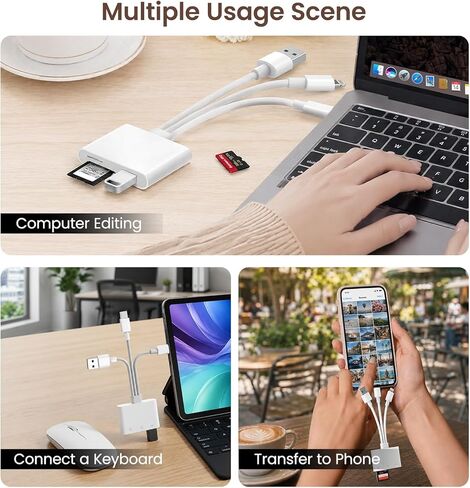 قارئ بطاقة SD لجهاز iPhone iPad Mac، محول 3 في 1 Lightning/USB-C/USB-A MicroSD/SD للكاميرا الرقمية، قارئ بطاقة الذاكرة للتوصيل والتشغيل عالي السرعة لأجهزة Apple جميع الأجهزة/الهاتف من النوع C/الكمبيوتر المحمول/الكمبيوتر in Kuwait