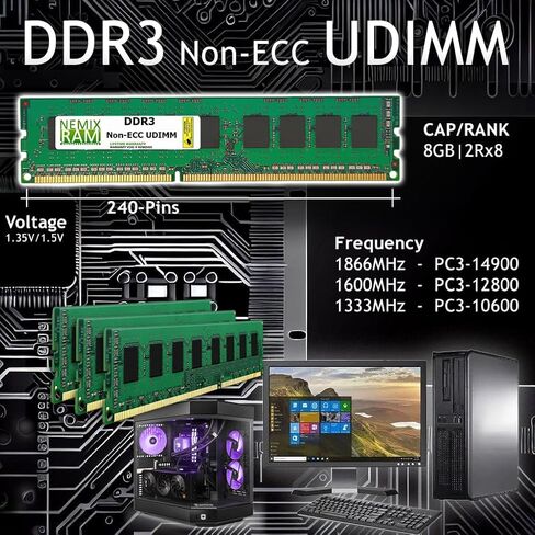 NEMIX RAM 8GB (2X4GB) DDR3 1066MHz PC3-8500 2Rx8 1.5V 240-PIN Non-ECC UDIMM Unbuffered Desktop Memory KIT in Kuwait