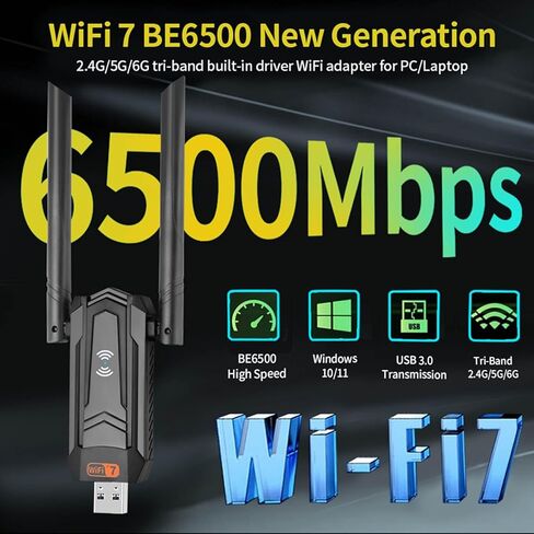 محول شبكة WiFi 7 لاسلكي ثلاثي الموجات بسرعة 6500 ميجا بت في الثانية 2.4 جيجا/5 جيجا/6 جيجا لأجهزة الكمبيوتر المحمول المكتبي US in Kuwait