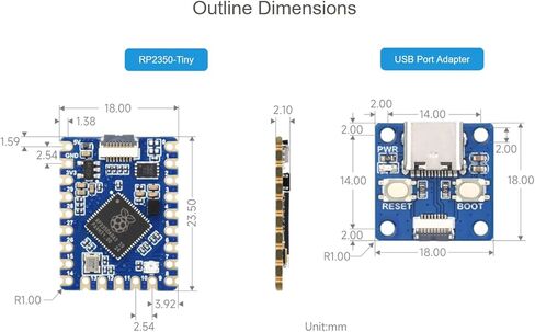 مجموعة لوحة تطوير وحدة التحكم الدقيقة RP2350-Tiny، استنادًا إلى شريحة Raspberry Pi RP2350 ثنائية النواة والمعمارية المزدوجة، تأتي مع محول منفذ USB + كابل FPC in Kuwait