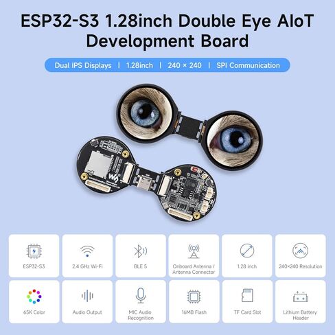 لوحة تطوير Waveshare ESP32-S3 مقاس 1.28 بوصة ذات عينين مستديرة LCD AIoT، مع شاشات IPS مزدوجة مقاس 1.28 بوصة، دقة 240 × 240، معالج ثنائي النواة 240 ميجاهرتز، دعم Wi-Fi/Bluetooth 5 in Kuwait
