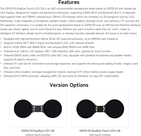 لوحة تطوير Waveshare ESP32-S3 مقاس 1.28 بوصة ذات عينين مستديرة LCD AIoT، مع شاشات IPS مزدوجة مقاس 1.28 بوصة، دقة 240 × 240، معالج ثنائي النواة 240 ميجاهرتز، دعم Wi-Fi/Bluetooth 5 in Kuwait