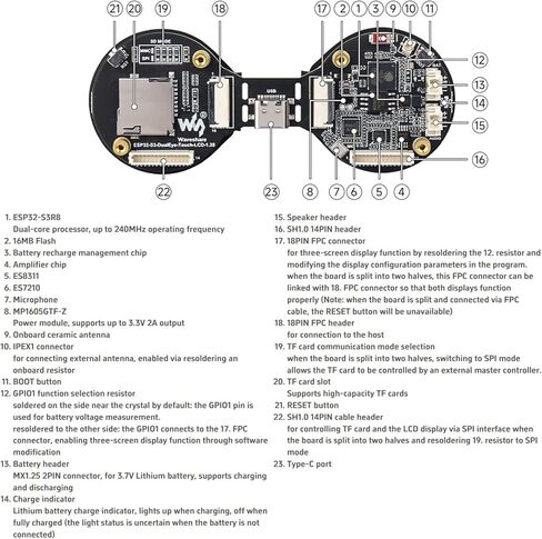 لوحة تطوير Waveshare ESP32-S3 مقاس 1.28 بوصة ذات عينين مستديرة LCD AIoT، مع شاشات IPS مزدوجة مقاس 1.28 بوصة، دقة 240 × 240، معالج ثنائي النواة 240 ميجاهرتز، دعم Wi-Fi/Bluetooth 5 in Kuwait
