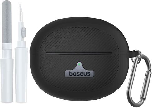 حافظة Baseus Bowie MC1 Pro، غطاء حافظة من السيليكون المقاوم للصدمات لسماعات الرأس Baseus Bowie MC1 Pro مفتوحة الأذن، تصميم مرئي LED/شعار مع حلقة تسلق ومجموعة منظف (أسود) in Kuwait