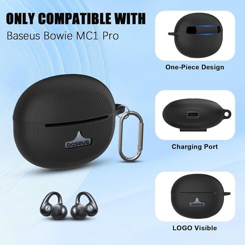 حافظة Baseus Bowie MC1 Pro، غطاء حافظة من السيليكون المقاوم للصدمات لسماعات الرأس Baseus Bowie MC1 Pro مفتوحة الأذن، تصميم مرئي LED/شعار مع حلقة تسلق ومجموعة منظف (أسود) in Kuwait