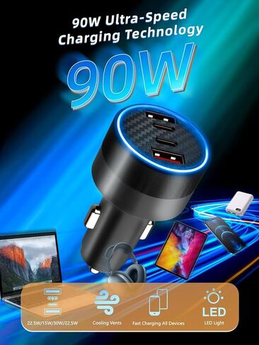 [4 في 1] شاحن سيارة USB C بقدرة 90 واط كحد أقصى، شاحن سيارة 4 منافذ PD PPS مزدوج USB-C (30 واط + 15 واط) ومنفذ USB-A مزدوج 22.5 واط لهاتف iPhone17/16/15/14، وSamsung Galaxy، وiPad، والكمبيوتر المحمول in Kuwait