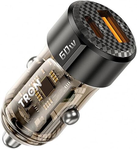TRON 60W Dual Port Fast Car Power Adapter (30W PD USB-C + 30 USB-A), Transparent Compact Cigarette Lighter Charger for iPhone, Android – Brown Black -TR13 in Kuwait