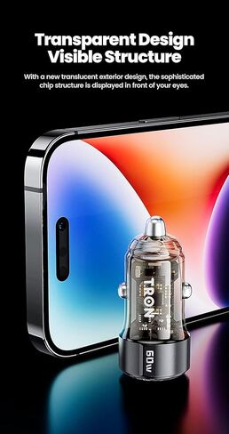 TRON 60W Dual Port Fast Car Power Adapter (30W PD USB-C + 30 USB-A), Transparent Compact Cigarette Lighter Charger for iPhone, Android – Brown Black -TR13 in Kuwait