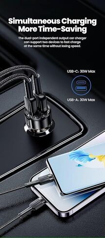 TRON 60W Dual Port Fast Car Power Adapter (30W PD USB-C + 30 USB-A), Transparent Compact Cigarette Lighter Charger for iPhone, Android – Brown Black -TR13 in Kuwait