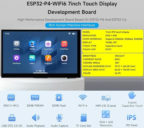 ESP32-P4-WIFI6 7inch Touch Display Development Board, Based On ESP32-P4 and ESP32-C6, 7" IPS 5-Point Touch Screen, AI Speech Interaction & Wi-Fi 6/BT5, with RS485/CAN/I2C/UART Headers, OV5647 Camera in Kuwait