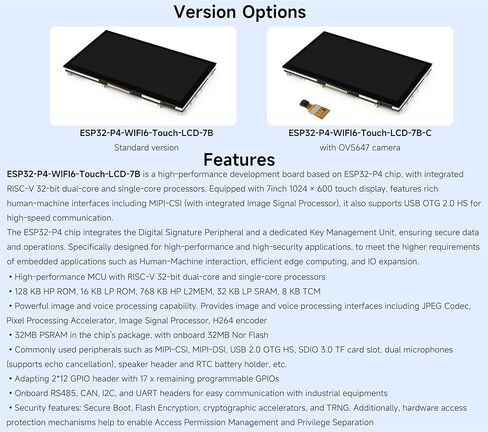 ESP32-P4-WIFI6 7inch Touch Display Development Board, Based On ESP32-P4 and ESP32-C6, 7" IPS 5-Point Touch Screen, AI Speech Interaction & Wi-Fi 6/BT5, with RS485/CAN/I2C/UART Headers, OV5647 Camera in Kuwait