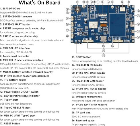 ESP32-P4-WIFI6 7inch Touch Display Development Board, Based On ESP32-P4 and ESP32-C6, 7" IPS 5-Point Touch Screen, AI Speech Interaction & Wi-Fi 6/BT5, with RS485/CAN/I2C/UART Headers, OV5647 Camera in Kuwait