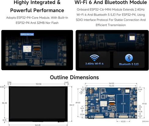ESP32-P4-WIFI6 7inch Touch Display Development Board, Based On ESP32-P4 and ESP32-C6, 7" IPS 5-Point Touch Screen, AI Speech Interaction & Wi-Fi 6/BT5, with RS485/CAN/I2C/UART Headers, OV5647 Camera in Kuwait