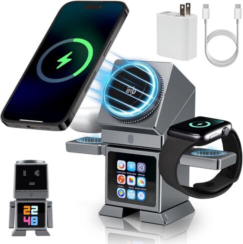 قاعدة شحن لاسلكية 7 في 1 من ModiTech لأجهزة Apple - حامل شاحن Magsafe مغناطيسي معتمد من Qi2.2 بقوة 25 وات لهاتف iPhone 17/16/15/14/13/12 - ساعة Apple - سلسلة Airpods، رمادي مع محول in Kuwait