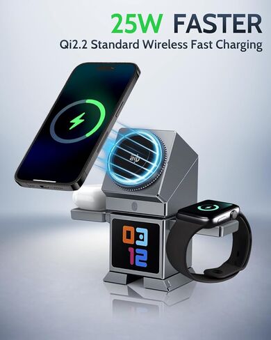 قاعدة شحن لاسلكية 7 في 1 من ModiTech لأجهزة Apple - حامل شاحن Magsafe مغناطيسي معتمد من Qi2.2 بقوة 25 وات لهاتف iPhone 17/16/15/14/13/12 - ساعة Apple - سلسلة Airpods، رمادي مع محول in Kuwait