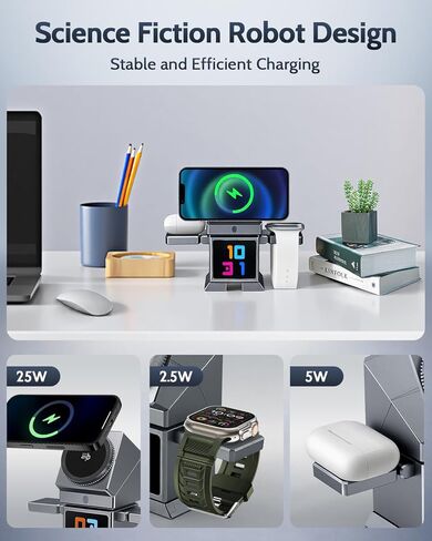 قاعدة شحن لاسلكية 7 في 1 من ModiTech لأجهزة Apple - حامل شاحن Magsafe مغناطيسي معتمد من Qi2.2 بقوة 25 وات لهاتف iPhone 17/16/15/14/13/12 - ساعة Apple - سلسلة Airpods، رمادي مع محول in Kuwait