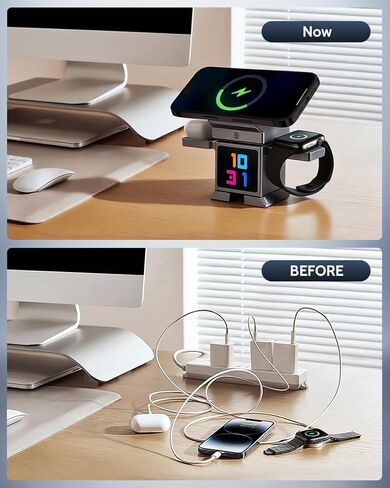 قاعدة شحن لاسلكية 7 في 1 من ModiTech لأجهزة Apple - حامل شاحن Magsafe مغناطيسي معتمد من Qi2.2 بقوة 25 وات لهاتف iPhone 17/16/15/14/13/12 - ساعة Apple - سلسلة Airpods، رمادي مع محول in Kuwait