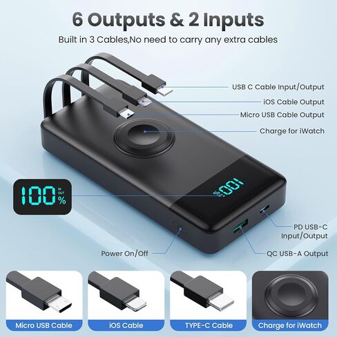 Portable Charger 10800mAh QC4.0+PD 25W Fast Charging USB C Power Bank,6 Outputs LCD Display Travel Battery Pack Compatible with iPhone 16/15/14/13, Android etc in Kuwait