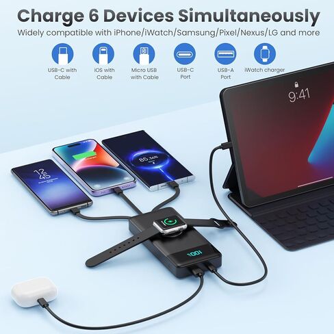 Portable Charger 10800mAh QC4.0+PD 25W Fast Charging USB C Power Bank,6 Outputs LCD Display Travel Battery Pack Compatible with iPhone 16/15/14/13, Android etc in Kuwait