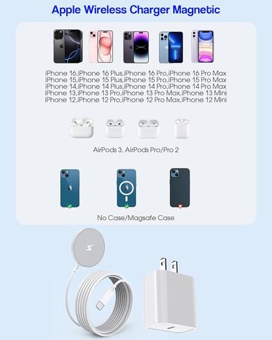 شاحن لاسلكي مغناطيسي iPhone 17 بقدرة 15 واط، شاحن آمن Apple Mag 6FT، وسادة شحن سريعة مغناطيسية لاسلكية مع كتلة USB C لهواتف iPhone Air/17e/17 Pro Max/16 Pro/15 Plus/14/13/12 Series، AirPods 3/Pro2/Pro3 in Kuwait