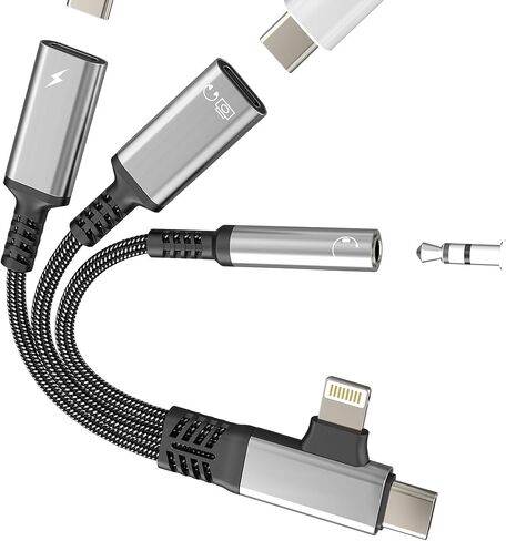 محول بيانات USB C OTG (3in2) لهاتف Iphone 17 16 15 14 Pro Max Lightning Aux Audio Jack 3.5mm Splitter for Apple Dongle Charger Type C موصل سماعة الرأس لجهاز Ipad شحن السيارة المزدوجة المتوافقة مع Samsung in Kuwait