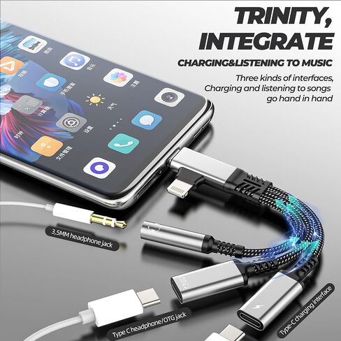 محول بيانات USB C OTG (3in2) لهاتف Iphone 17 16 15 14 Pro Max Lightning Aux Audio Jack 3.5mm Splitter for Apple Dongle Charger Type C موصل سماعة الرأس لجهاز Ipad شحن السيارة المزدوجة المتوافقة مع Samsung in Kuwait