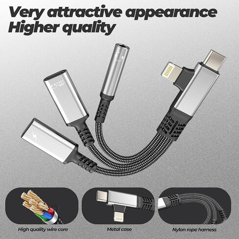 محول بيانات USB C OTG (3in2) لهاتف Iphone 17 16 15 14 Pro Max Lightning Aux Audio Jack 3.5mm Splitter for Apple Dongle Charger Type C موصل سماعة الرأس لجهاز Ipad شحن السيارة المزدوجة المتوافقة مع Samsung in Kuwait