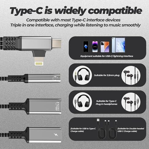 محول بيانات USB C OTG (3in2) لهاتف Iphone 17 16 15 14 Pro Max Lightning Aux Audio Jack 3.5mm Splitter for Apple Dongle Charger Type C موصل سماعة الرأس لجهاز Ipad شحن السيارة المزدوجة المتوافقة مع Samsung in Kuwait
