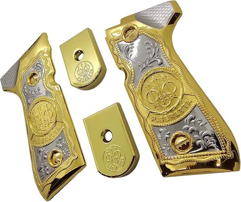 Combo Metal Grip Set with 2 Magazine Floor Plates, Compatible with Beretta 92F, 92FS, M9 & 96 Series, Nickel and Gold Two-Tone Plated Finish Decorative Replacement Accessory in Kuwait